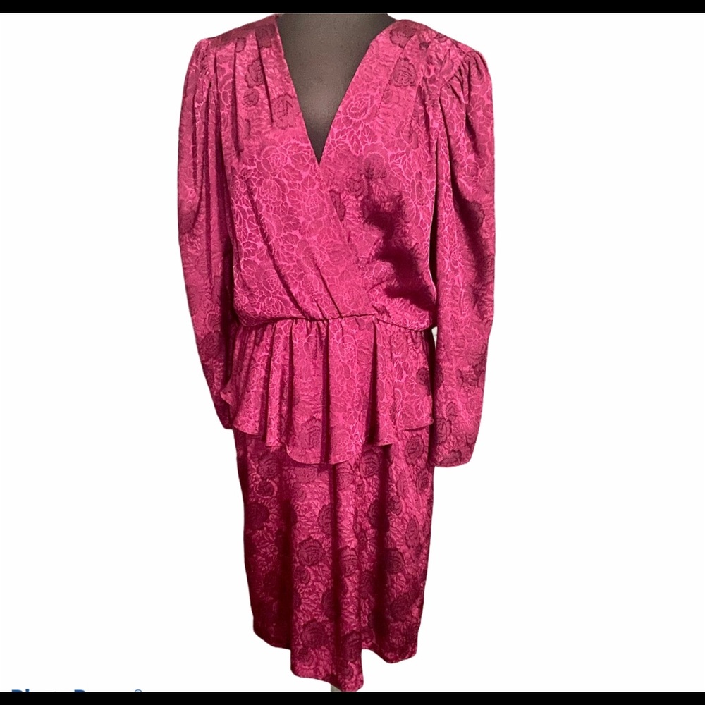 Vtg Patra Peplum Faux Wrap Puff Sleeve Dress 9/10